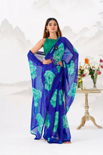 Thumbnail for Vastranavya Royal Blue Floral Print with Lace Border work Chiffon Saree & Unstitched Blouse - Distacart