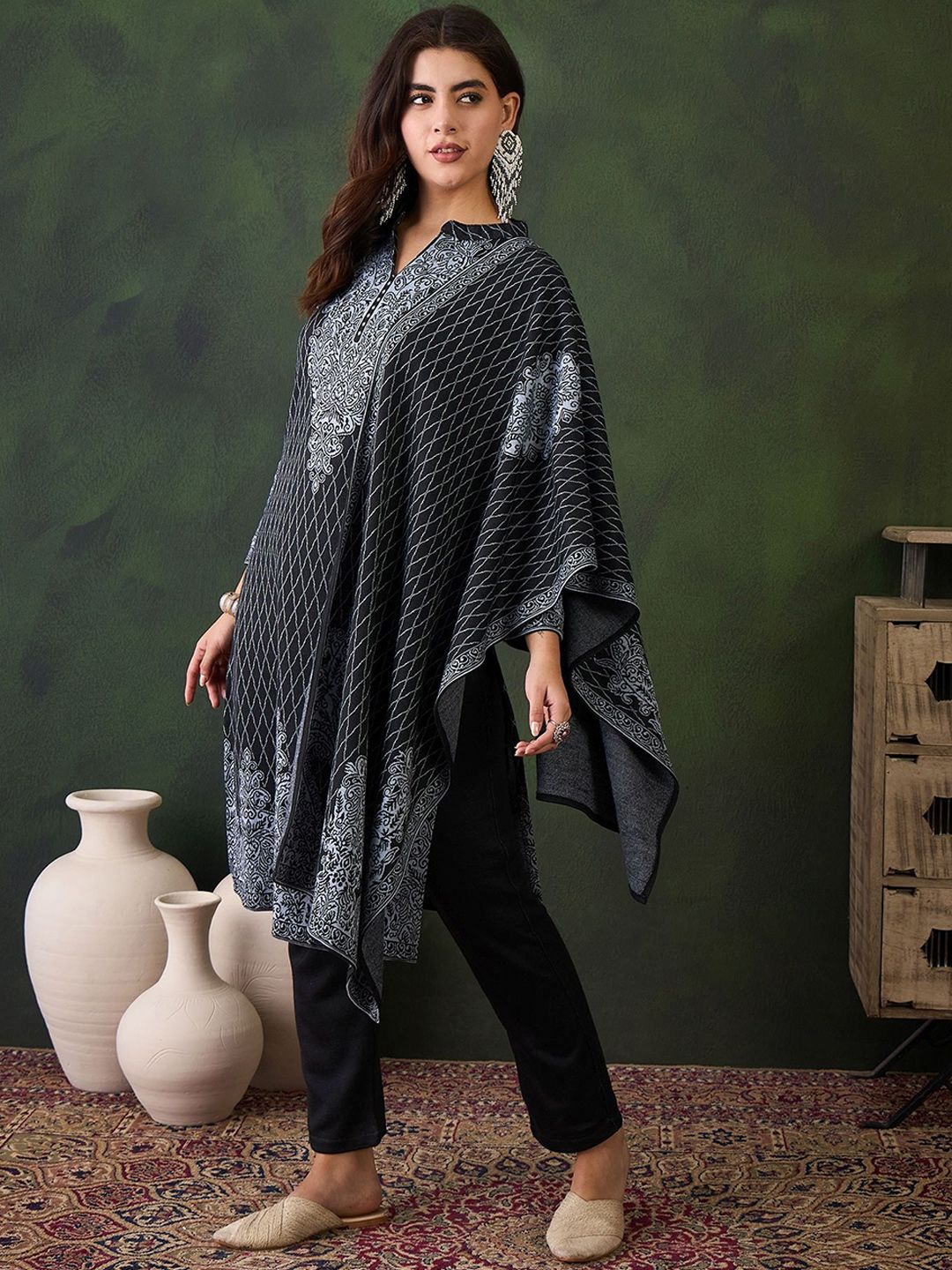 Sangria Ethnic Motifs Woven Design Mandarin Collar Straight Kurta With Trouser & Dupatta - Distacart
