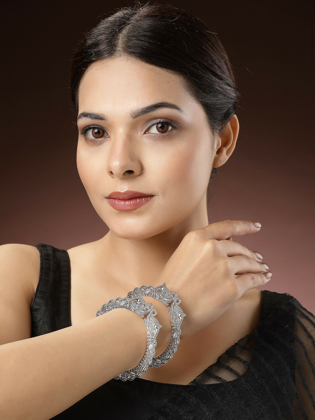 NVR Women's Set of 2 Silver-Toned German Silve Oxidised Elephant Design Handcrafted Bangles - Distacart