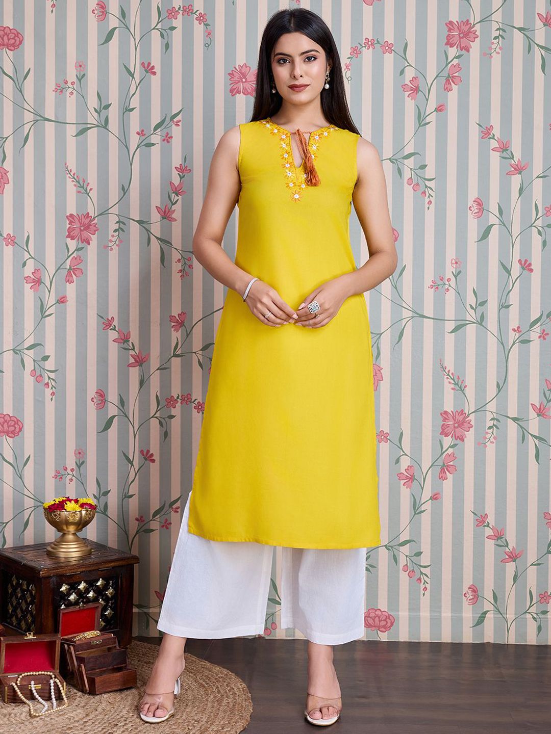 Ode by House of Pataudi Embroidered Straight Kurta with Palazzos - Distacart