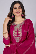 Thumbnail for The52 Pink Women's Beautiful Embroidered Rayon Slub Fabric with Straight Kurta, Pant and Dupatta Set - Distacart