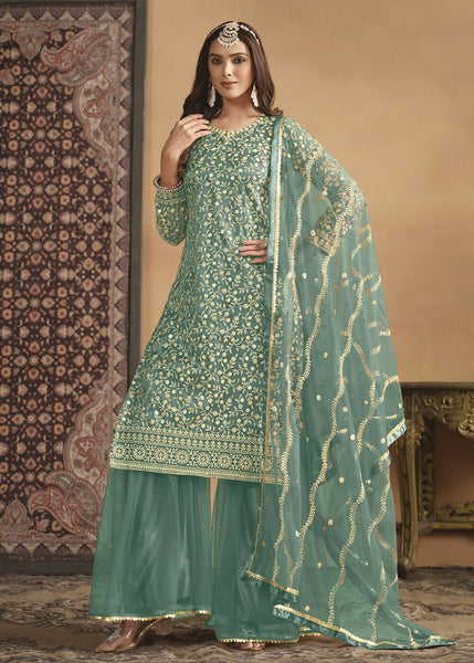 Net Mint Green Embroidered Festive Gharara Style Suit - Emponline - Distacart