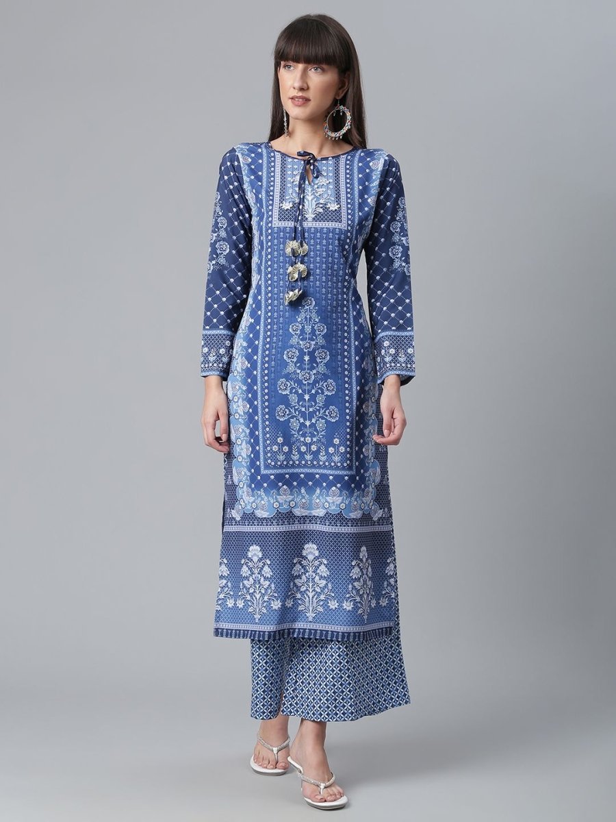 Ahalyaa Women Navy Blue Crepe Floral Print kurta With Palazzo