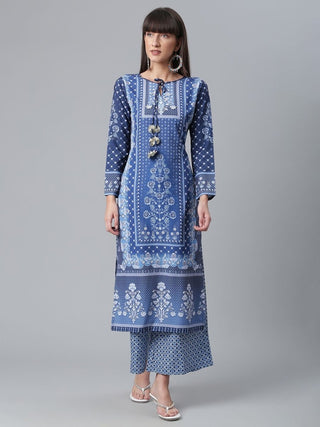 Ahalyaa Women Navy Blue Crepe Floral Print kurta With Palazzo