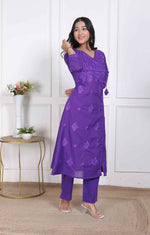 Thumbnail for Miravan Womens Purple Floral Printed Angrakha Style Kurta With Palazzo - Distacart