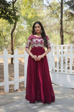 Thumbnail for Aastha Fashion Women's Plum Faux Blooming Embroidery Zari Sequins-work Gown - Distacart