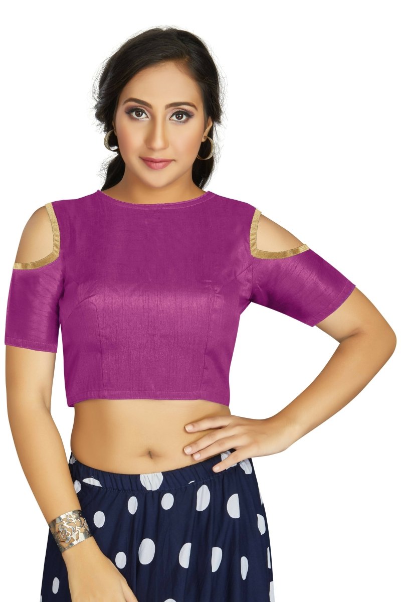 Aastha Fashion Women's Purple Art Silk Cold Shoulder Sleeve Readymade Blouse - Distacart