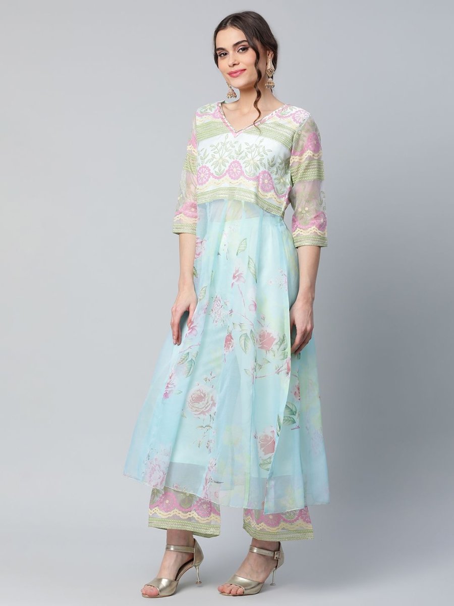 Ahalyaa Women Sea Green Organza Romantic Florals Kurta Palazzo Set