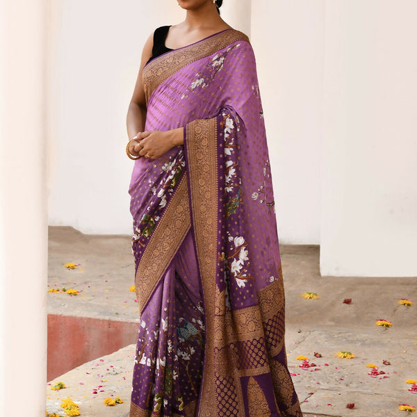 Joban Fashion Plum Purple Crepe Chiffon Pure Handloom Banarasi Silk Saree