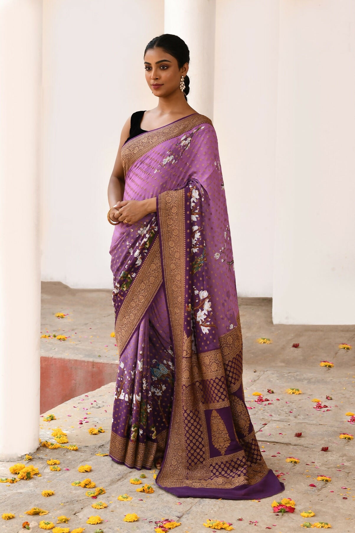 Joban Fashion Plum Purple Crepe Chiffon Pure Handloom Banarasi Silk Saree - Dista