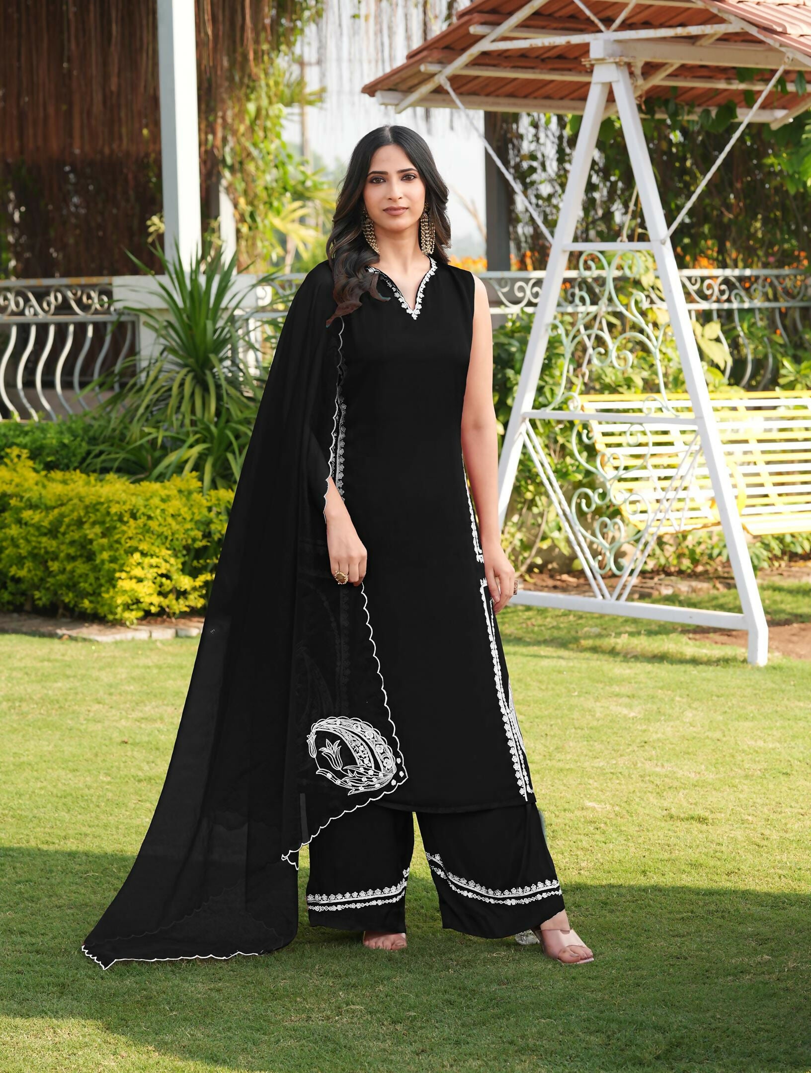 Nikhaar Black Embroidered Modal Silk Stitched Straight Cut Kurta Culottes Dupatta Readymade Suit - Dista