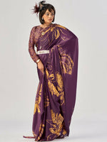 Thumbnail for Vastranavya Wine Satin Silk Elegant Printed Saree with Unstitched Blouse - Distacart