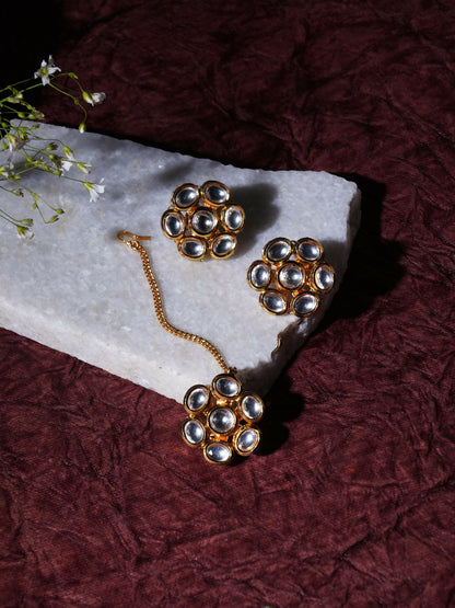 Kundan Round Maang Tikka with Studs Jewellery Set (Gold) - Ruby Raang - Distacart