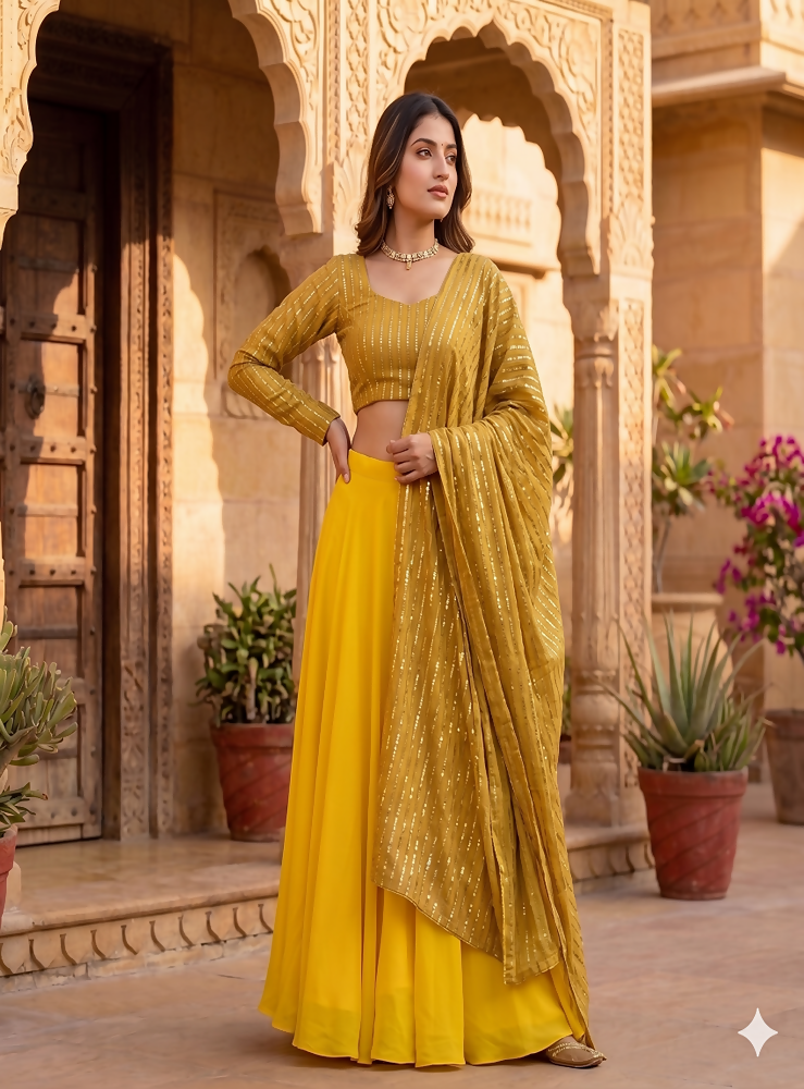 Teeya Creation Women's New Gold Designer Lehenga Choli Set with Sequin Embroidery Work - Dista