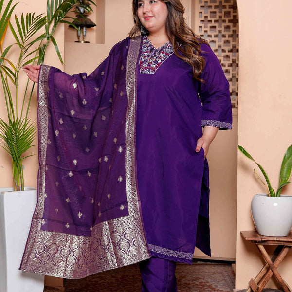 Miravan Women's Plus Size Purple Muslin Straight kurta and palazzo with dupatta Suit set - Distacart
