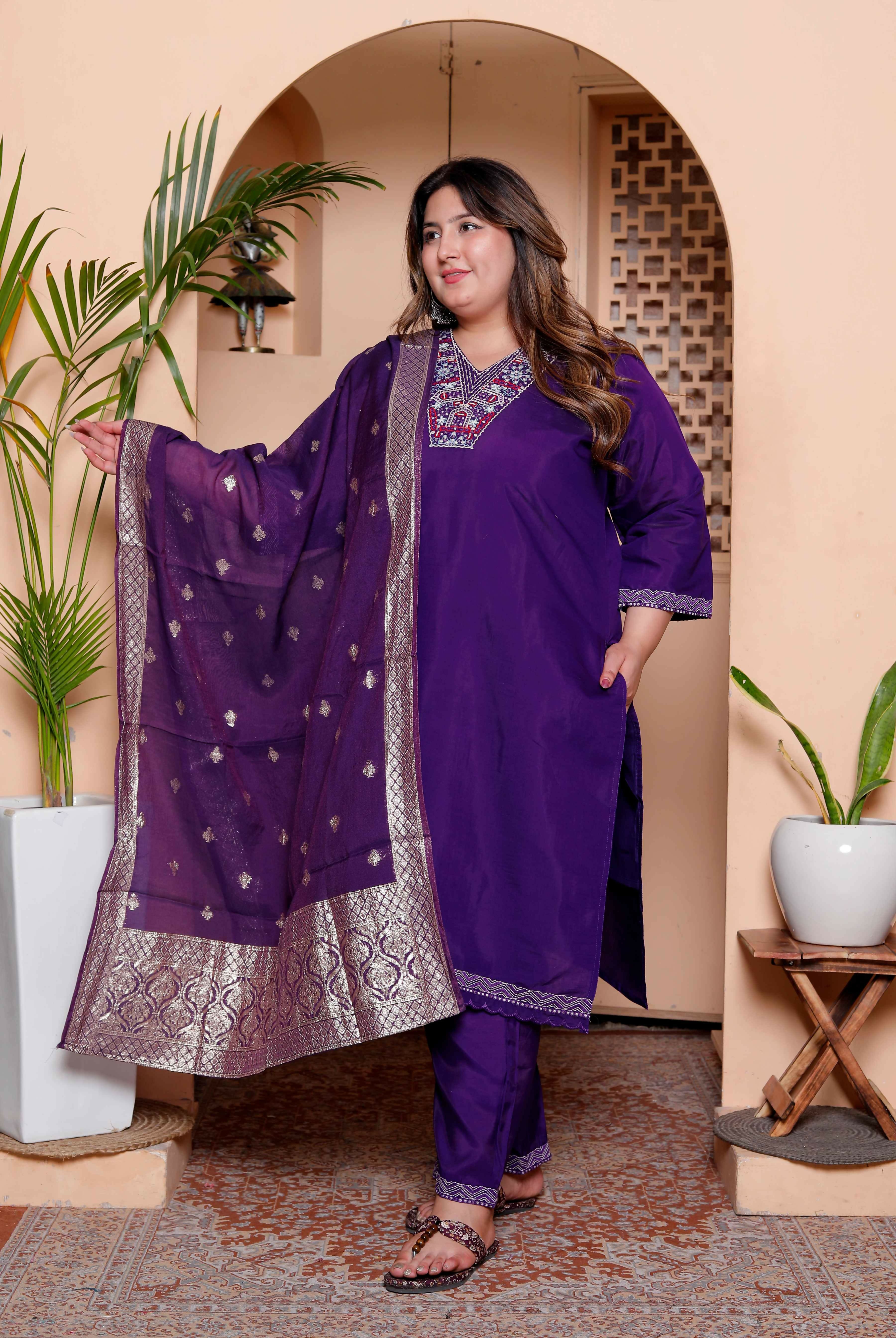 Miravan Women's Plus Size Purple Muslin Straight kurta and palazzo with dupatta Suit set - Distacart