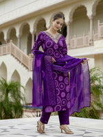 Thumbnail for The52 Purple Women's Gorgeous Rayon Embroidered Straight Kurta with Pant And Dupatta Set - Distacart