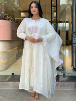 Thumbnail for The52 White Women's Beautiful Cotton Fabric Thread Work Straight Kurta Pant and Dupatta Set - Distacart