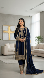 Thumbnail for Joban Fashion Blue Velvet Embroidery Sequence Work Readymade Kurta Set - Distacart