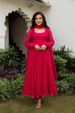 Thumbnail for Preksha Creation Women Red Georgette Anarkali Gown With Work Dupatta With Lace - Red - Distacart