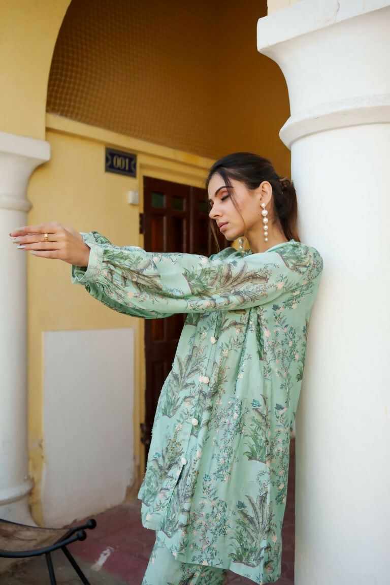 Vaasva Women Sky Blue Muslin Embroidered Shirt & Pant Set - Distacart