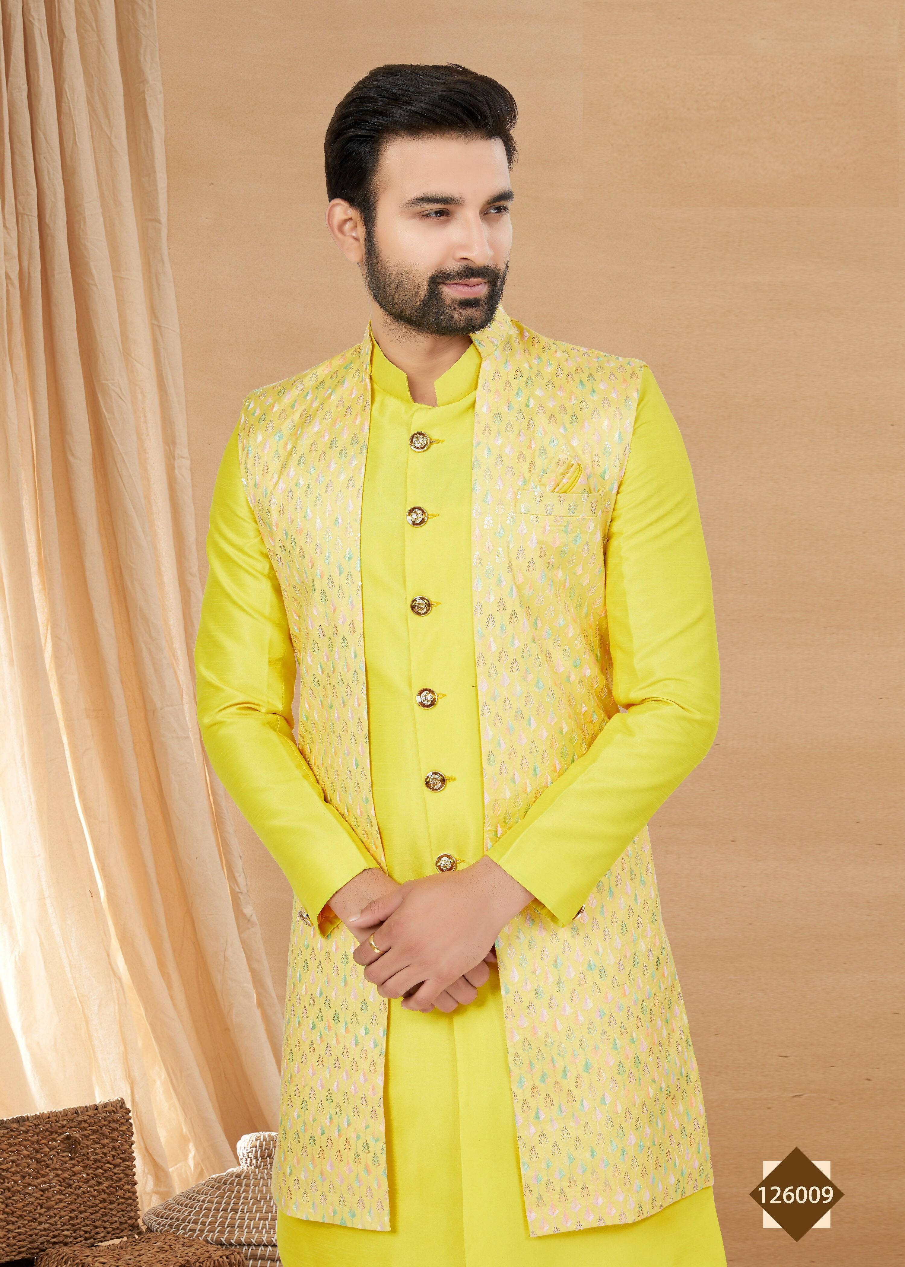 Joban Fashion Men's Lemon Yellow Heavy Art Silk Double Finish Plain Indowestern - Distacart