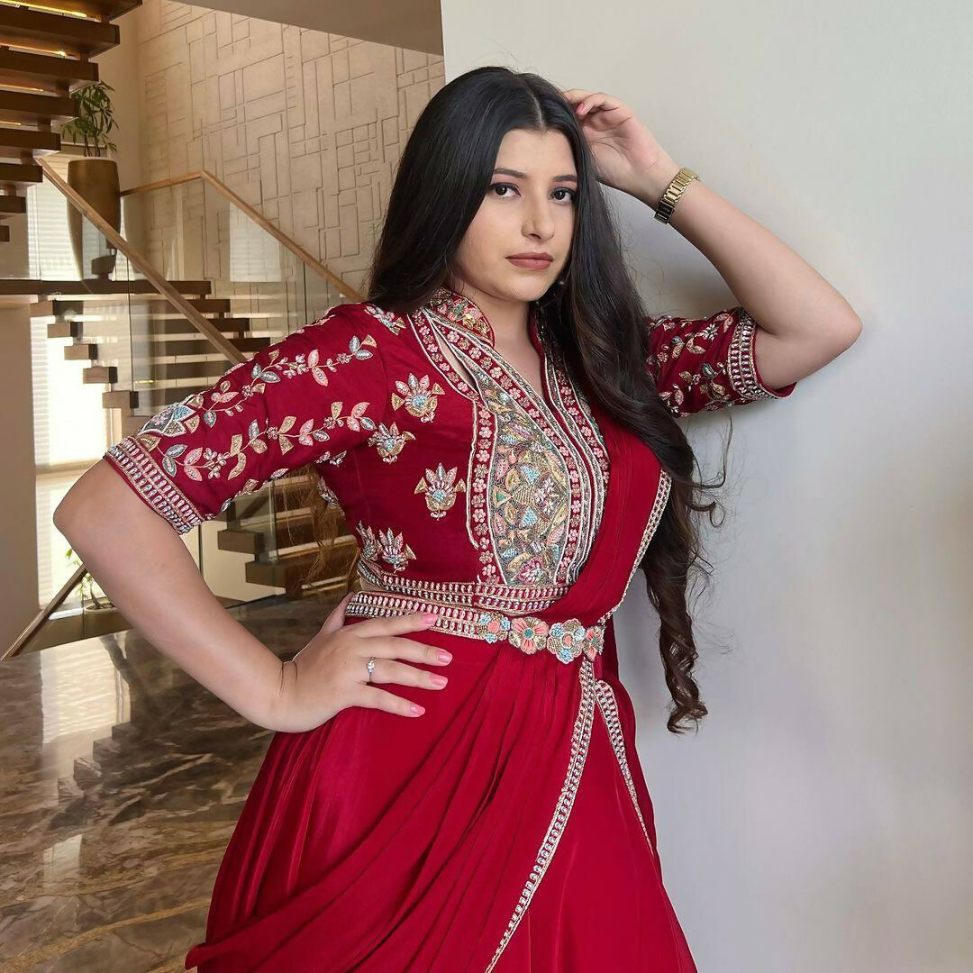 Preksha Creation Indian Stylist Exclusive Fancy Party Wear Fiyona Silk Lehenga Saree With Heavy Work Blouse And Belt - Red - Distacart