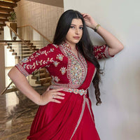 Thumbnail for Preksha Creation Indian Stylist Exclusive Fancy Party Wear Fiyona Silk Lehenga Saree With Heavy Work Blouse And Belt - Red