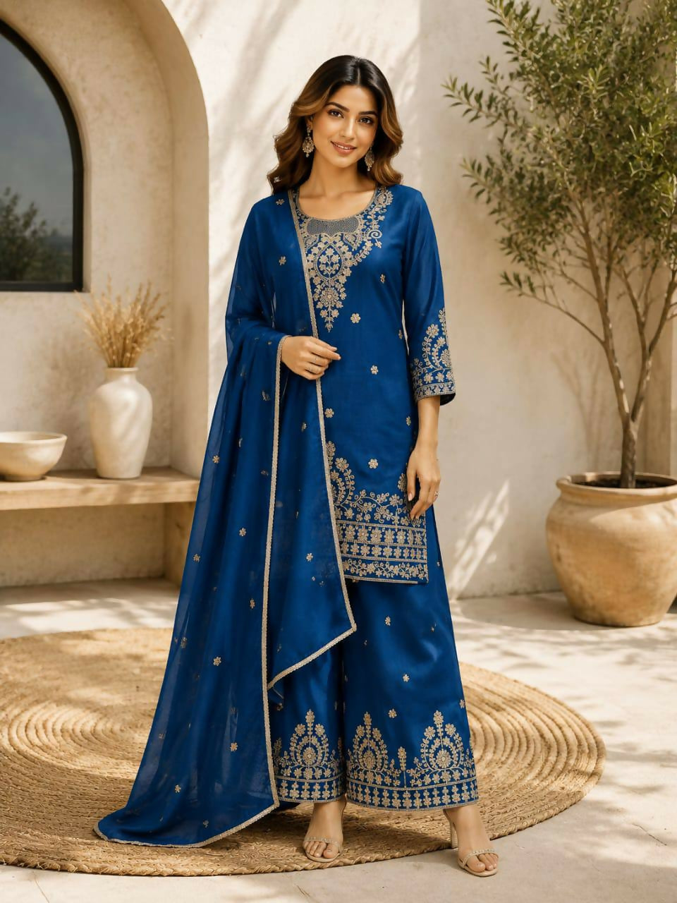 Teeya Creation Blue Embroidered Silk Palazzo Suit With Dupatta - Dista