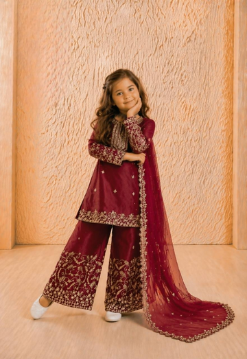 Teeya Creation New Kids Wedding Wear Heavy Embroidery Sequence Work Kurta Sharara Set-Red - Dista