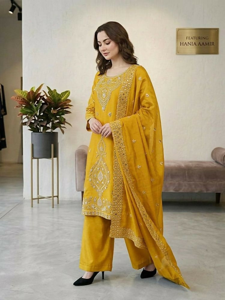 Teeya Creation Yellow Color Gimmychu Silk Embroidery Work Wedding Wear Salwar Suit - Distacart