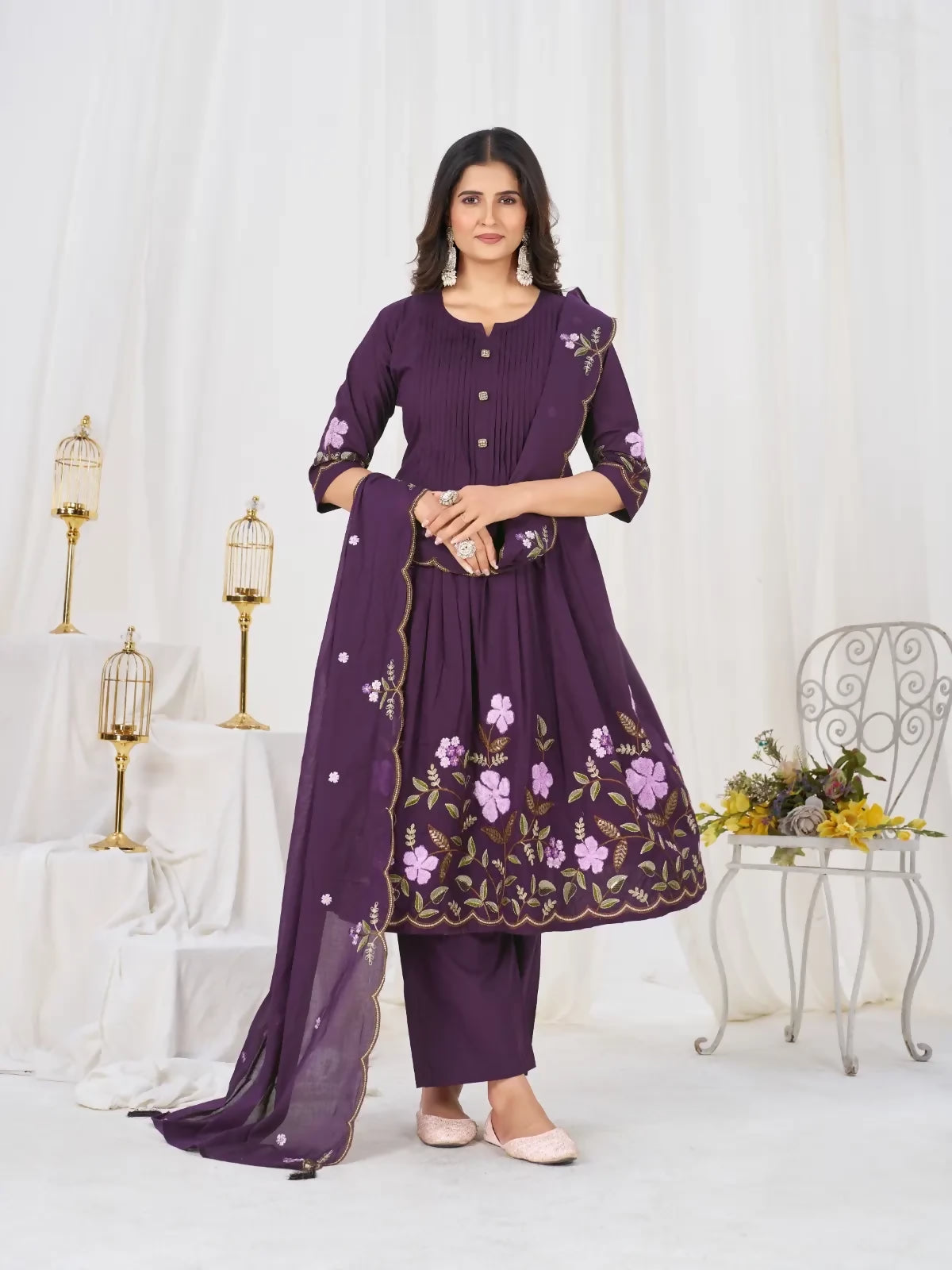 Teeya Creation Magenta Women Embroidered Cotton Blend A-Line Kurta Set with Pants and Scalloped Dupatta - Dista
