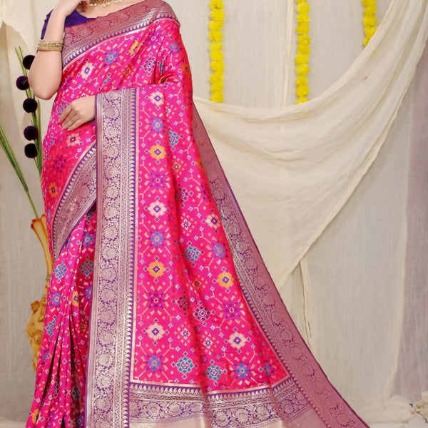 Jyoti Fashion Women's Rani Pink Patola Silk Zari Woven Saree with Blouse - Distacart