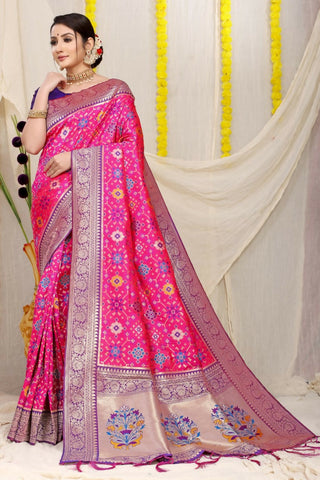 Jyoti Fashion Women's Rani Pink Patola Silk Zari Woven Saree with Blouse - Distacart