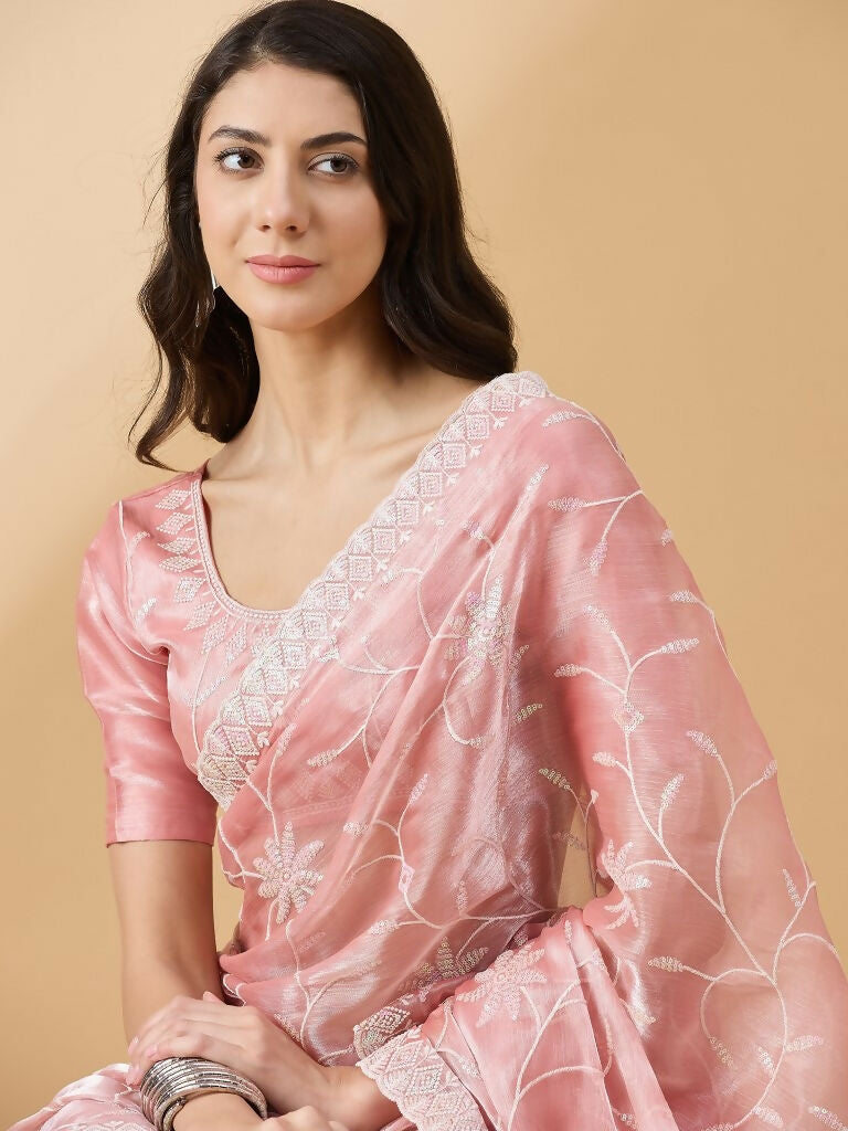 Peach Tissue Slub Embroidered Saree with Unstitched Blouse - Vairagi - Distacart