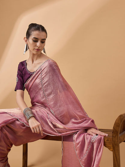 Pink Muslin Embroidered Saree with Unstitched Blouse Piece - Satya - Distacart