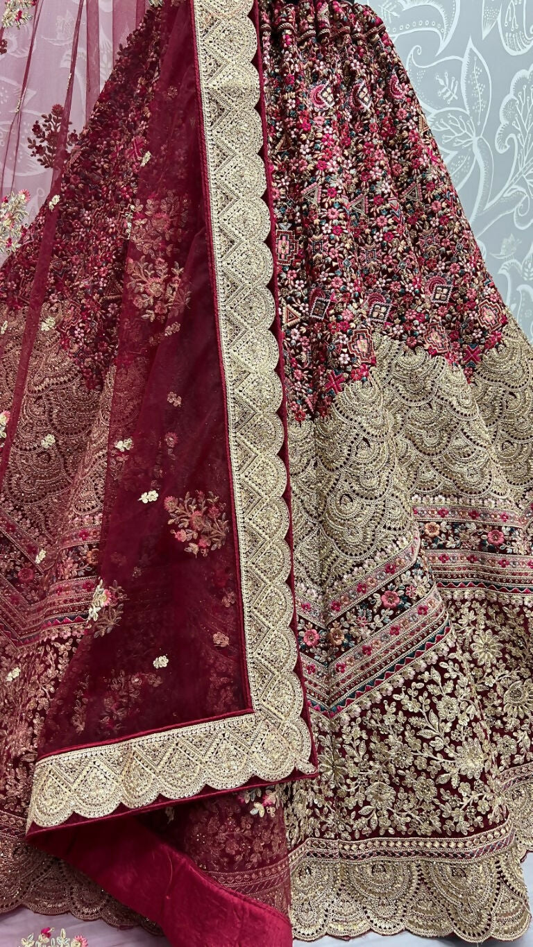 Jyoti Fashion Women's Maroon Velvet Fancy Dori & Sequins Multi Thread Embroidered with Diamond Work Wedding Lehenga Choli - Distacart