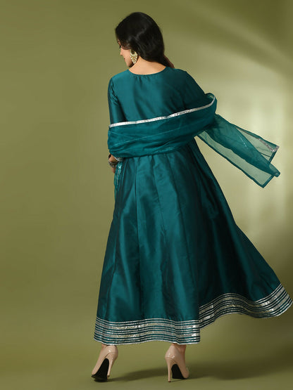 Myshka Women's Teal Solid Silk Anarkali Party Kurta With Dupatta - Distacart