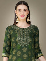 Thumbnail for Jyoti Fashion Women's Dark Green Cotton Magic Slub Embroidery & Sequence work Kurta with Trouser & Dupatta - Distacart