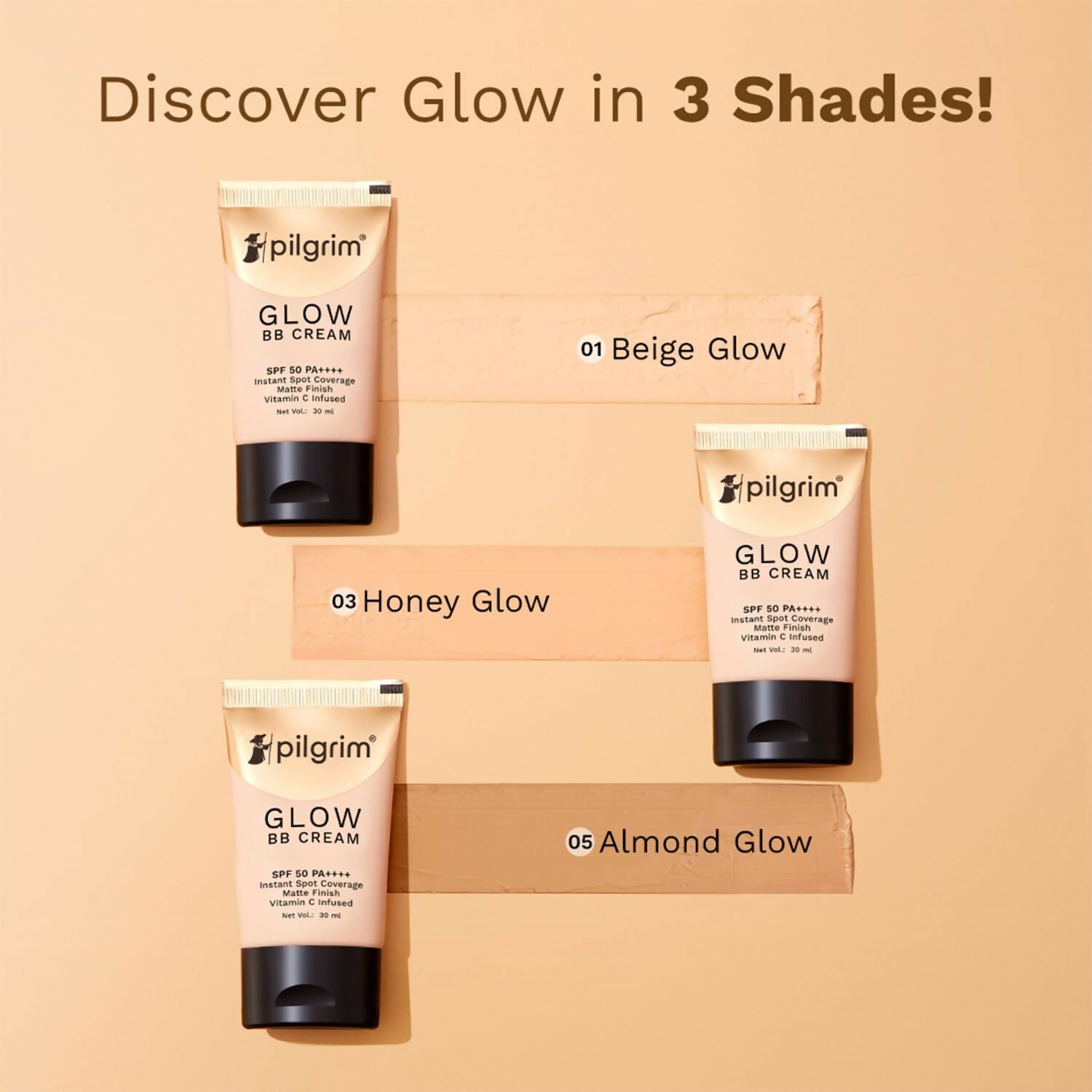 Pilgrim Glow BB Cream SPF 50 PA++++ Instant Spot Coverage Matte Finish Vitamin C Infused - Almond Glow - Limited Time Offer