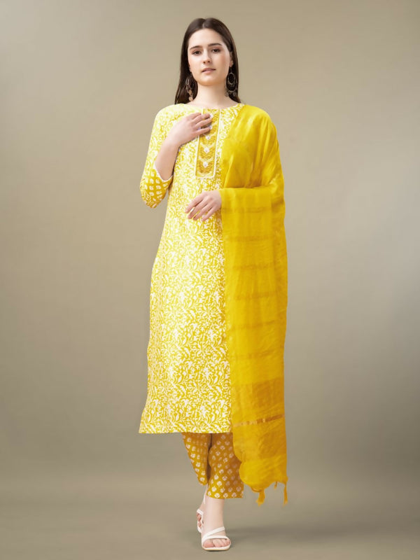 Jyoti Fashion Women's Yellow Rayon Embroidery & Sequence work Kurta with Trouser & Dupatta - Distacart