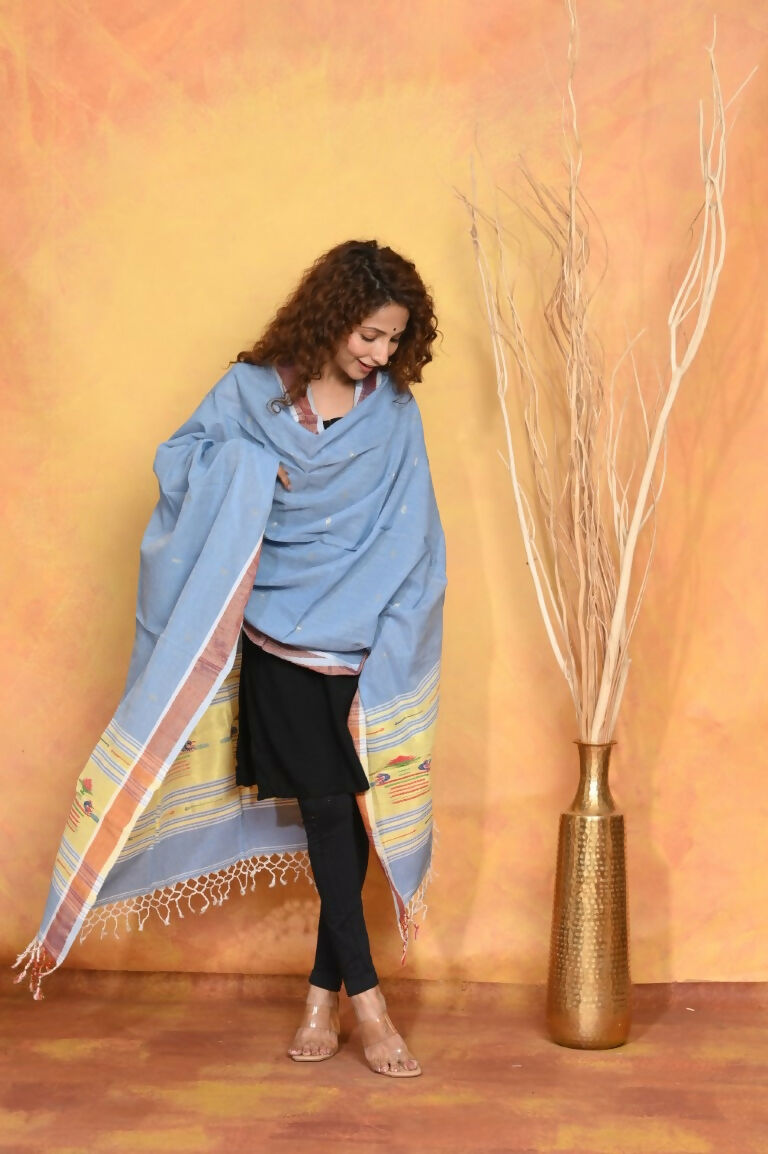 Very Much Indian Handloom Pure Cotton Paithani Dupatta - Powder Blue - Distacart