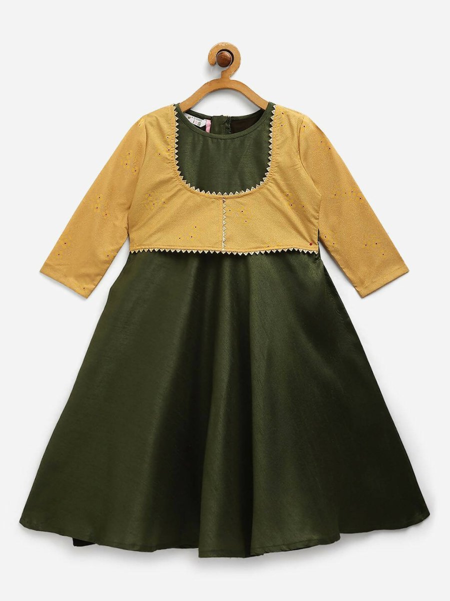 Ahalyaa Green Poly Silk Solid Kids Kurta With Printed Jacket For Girls - Distacart