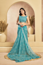 Thumbnail for Vastranavya Sky Blue Digital Printed Linen Ready To Wear Designer Saree with Unstitched Blouse - Distacart
