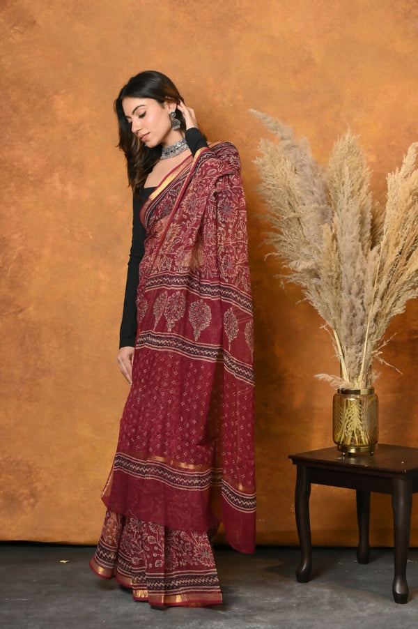 Very Much Indian Pure Kota Cotton Handblock Printed Saree - Red - Distacart