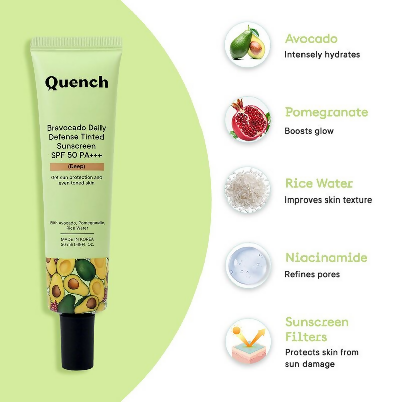 Quench Vitamin E Tinted SPF 50 Sunscreen PA+++ with both Mineral & Chemical Actives (Deep) - Distacart