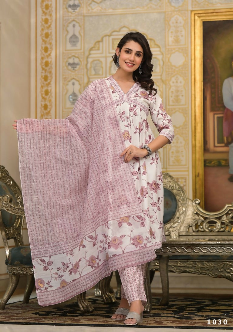 Partywear Designer Lavender Cotton Stitched Suit With Dupatta - Tanisha - Distacart