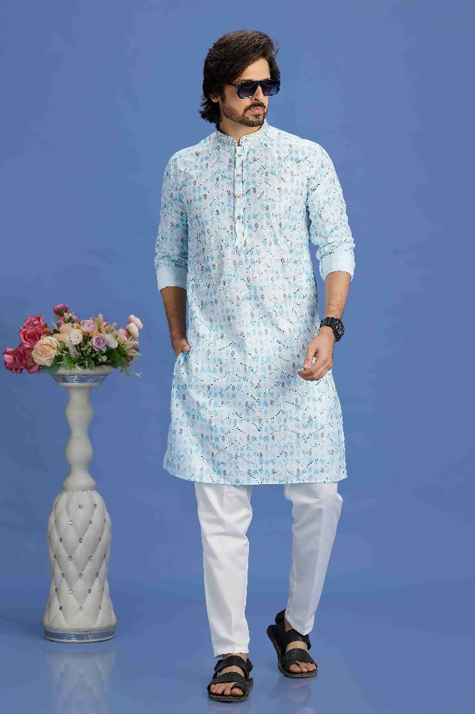 Raivat Ethnic Cotton Embroidery Kurta Pajama In Sky Blue Colour - Dista