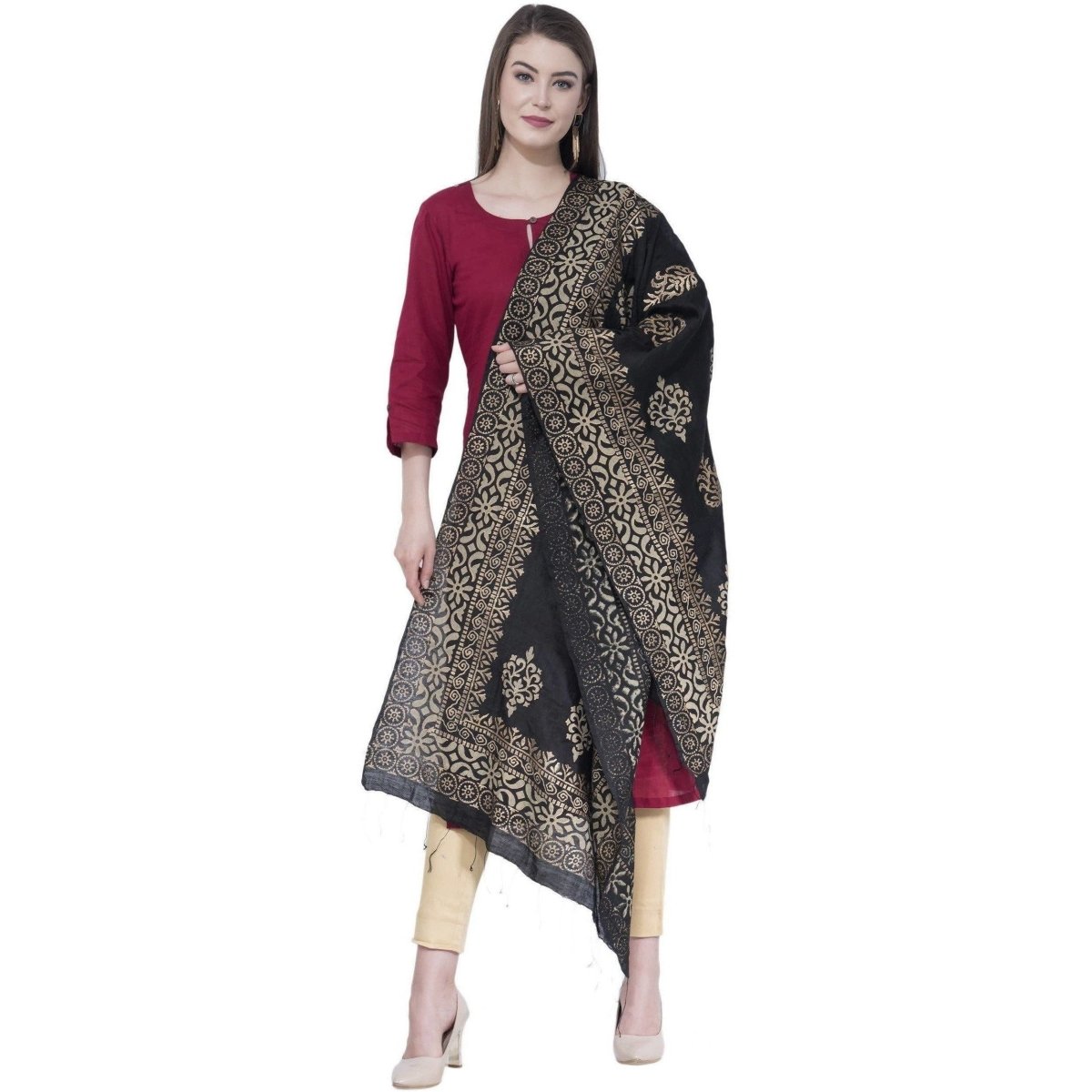 A R SILK Black Color Chanderi Gold Print Dupattas and Chunnis