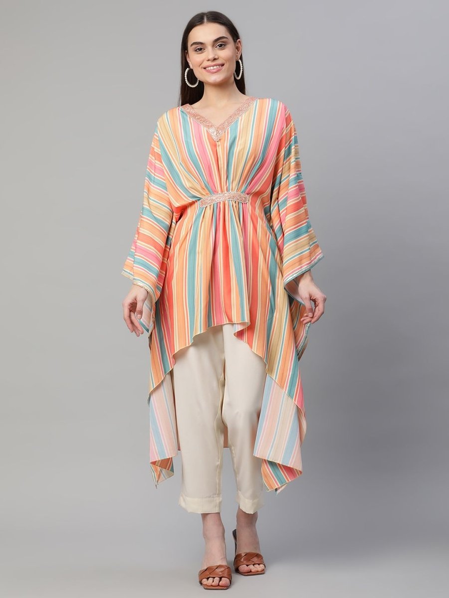 Ahalyaa Women Multi Color Crepe Striped Printed Kaftan Kurta With Trousers - Distacart